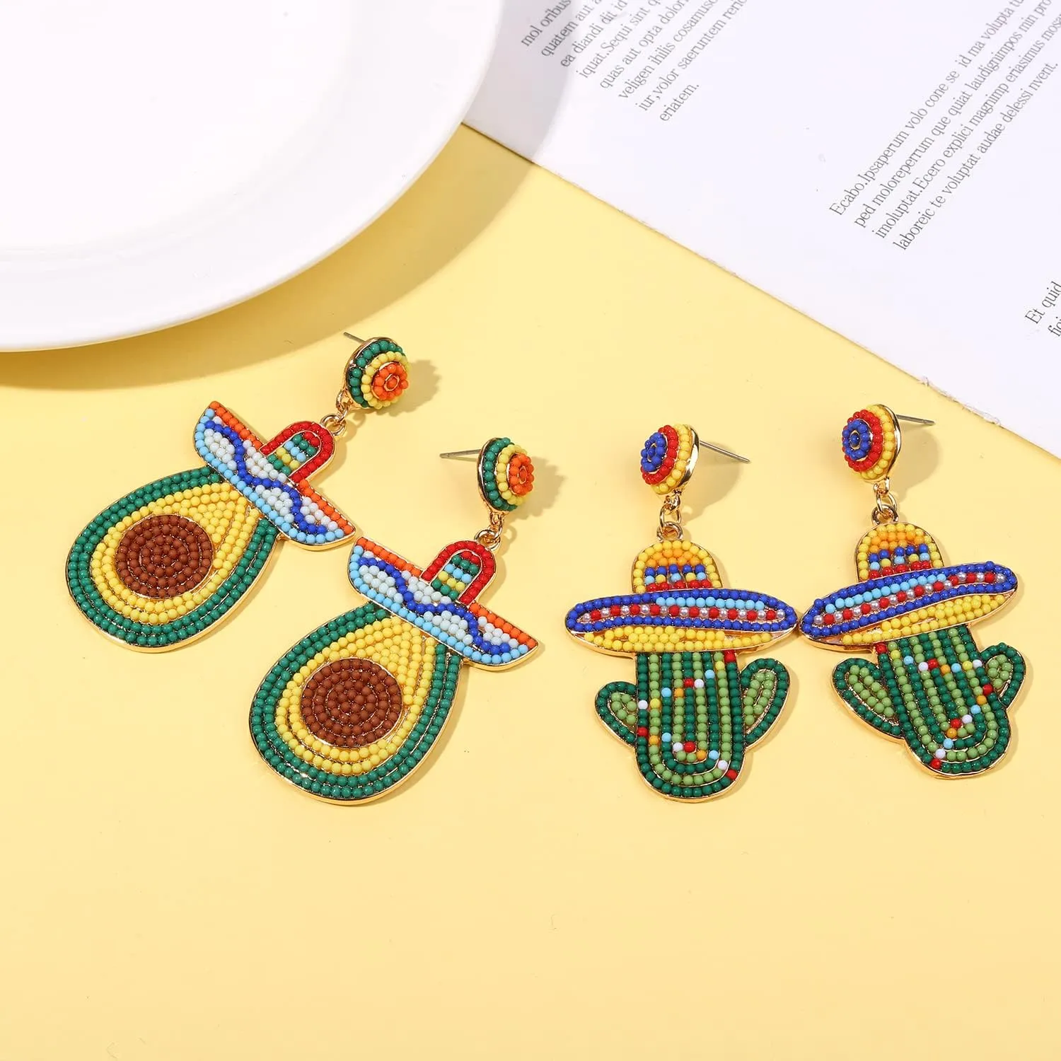 2 Pairs Mexican Earrings for Women, Beaded Fiesta Earrings Cinco De Mayo Earrings Statement Piata Sombrero Chili Earrings Mexican Independence Day Earrings Holiday Jewelry Gifts