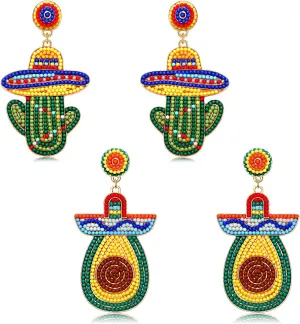 2 Pairs Mexican Earrings for Women, Beaded Fiesta Earrings Cinco De Mayo Earrings Statement Piata Sombrero Chili Earrings Mexican Independence Day Earrings Holiday Jewelry Gifts