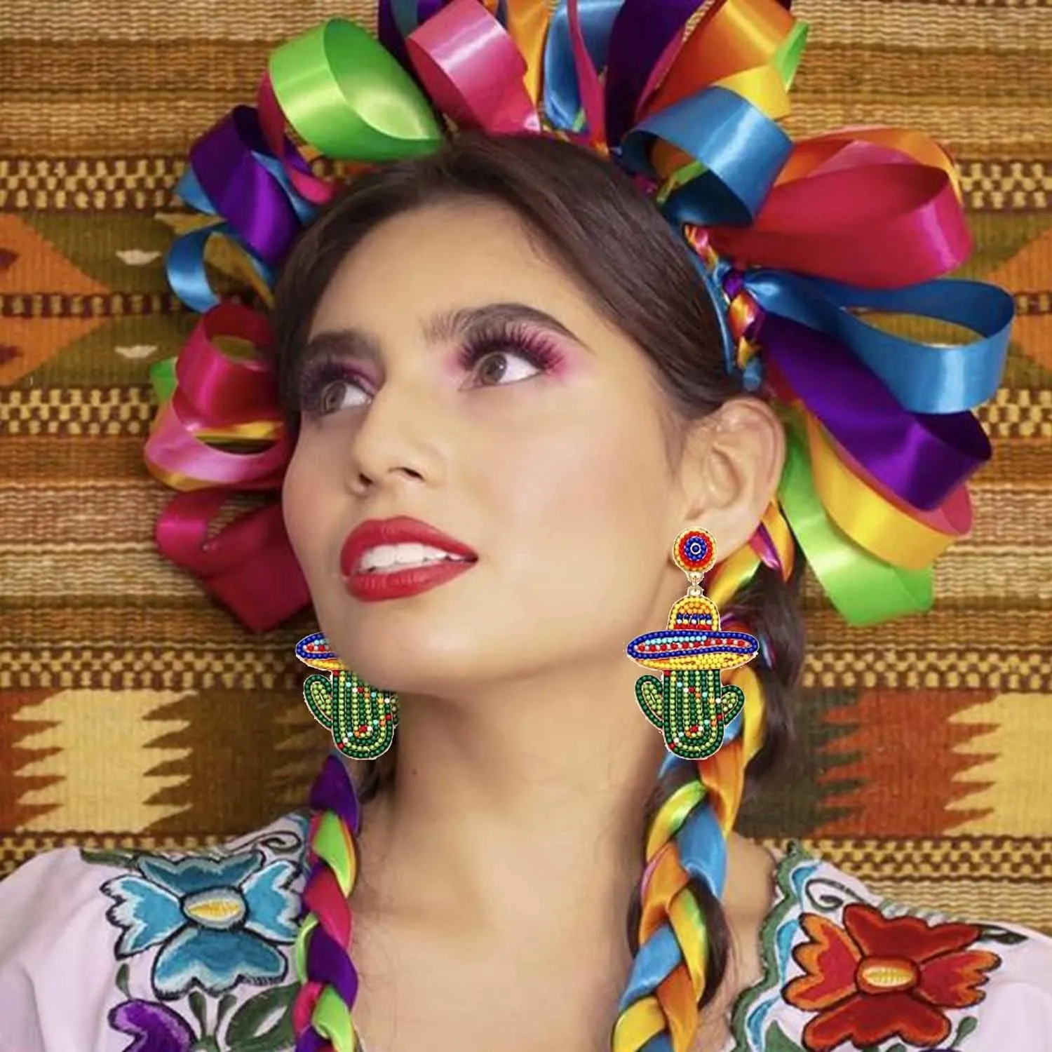 2 Pairs Mexican Earrings for Women, Beaded Fiesta Earrings Cinco De Mayo Earrings Statement Piata Sombrero Chili Earrings Mexican Independence Day Earrings Holiday Jewelry Gifts
