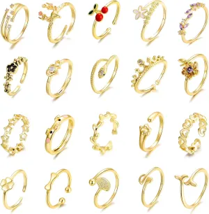 20 Pcs Adjustable Rings Set for Women - Finger Rings Pack Stackable Rings for Teens- Cute Rings for Teen Girls -in Gold and Silver Tone