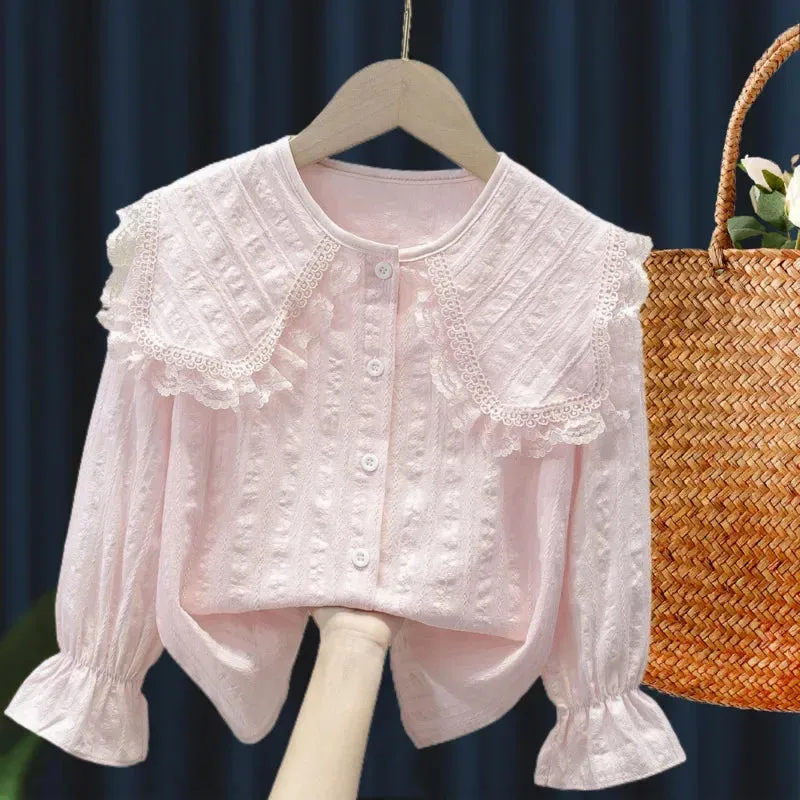2024 Spring Autumn Long Sleeve Kids Shirts School Girl Shirt Baby Toddler Teen Girls Lace