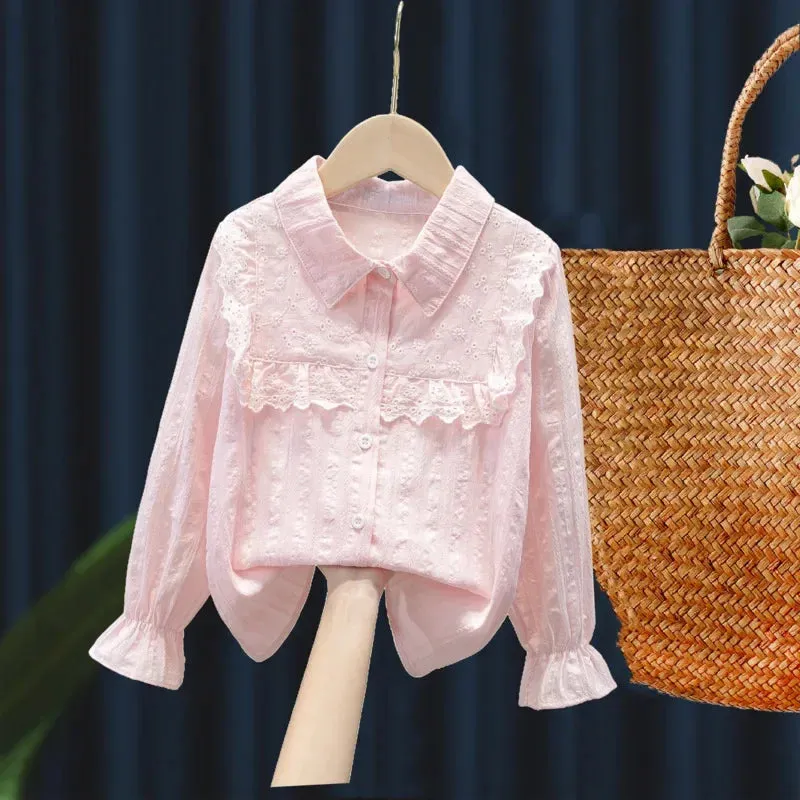 2024 Spring Autumn Long Sleeve Kids Shirts School Girl Shirt Baby Toddler Teen Girls Lace