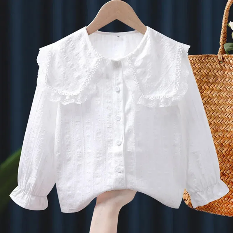 2024 Spring Autumn Long Sleeve Kids Shirts School Girl Shirt Baby Toddler Teen Girls Lace