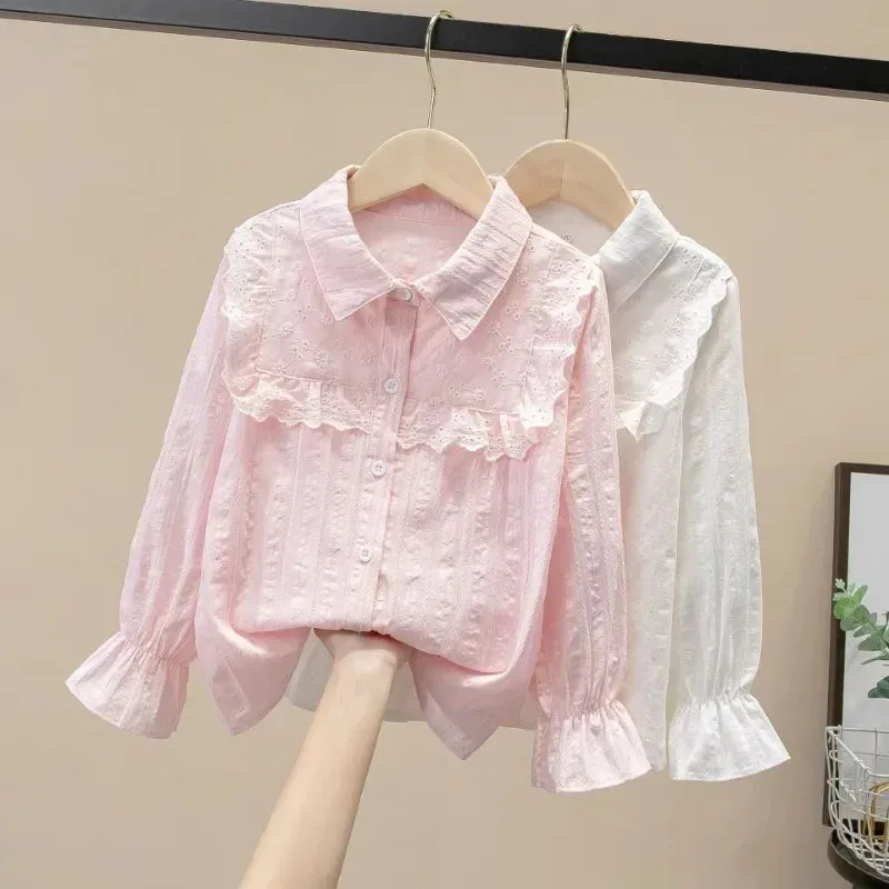 2024 Spring Autumn Long Sleeve Kids Shirts School Girl Shirt Baby Toddler Teen Girls Lace