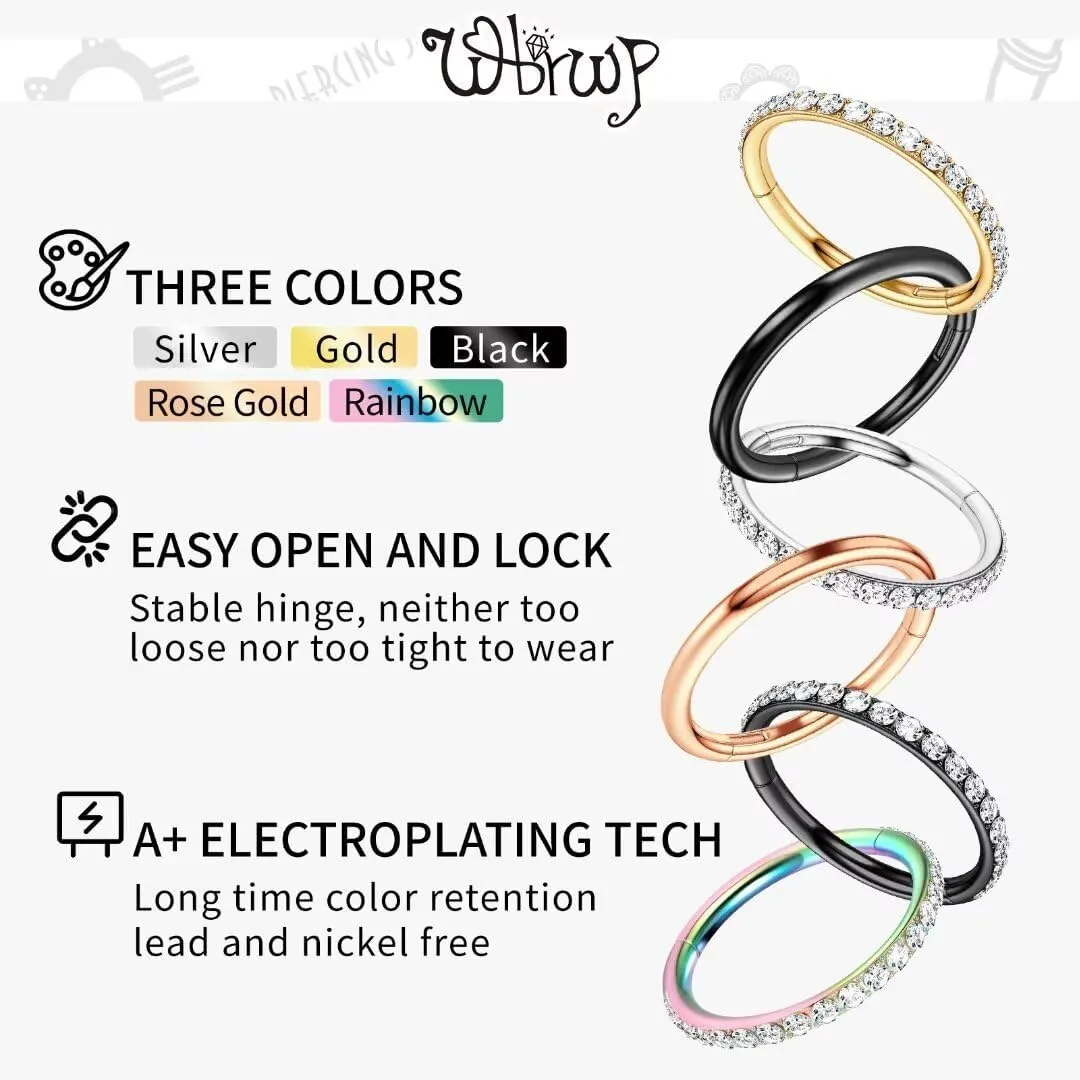 20G 18G 16G 14G Hinged Nose Rings Hoops: 2 Pcs Surgical Steel Seamless Twisted CZ Nose Rings Clicker for Septum Lip Piercing Cartilage Helix Tragus Conch Rook Daith Lobe Earrings 6mm 7mm 8mm 9mm 10mm 12mm Body Piercing Jewelry
