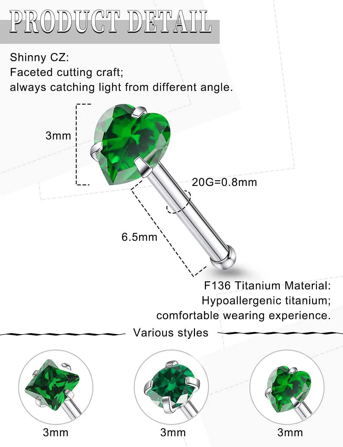 20G Astm F136 Titanium Nose Rings Studs Piercing Jewelry for Women L Shaped Corkscrew Straight Titanium Heart Nose Rings Studs Round Square CZ Nostril Piercing Jewelry for Women Men