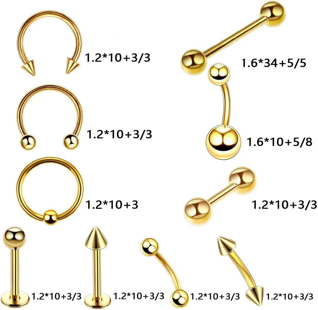 20PCS Body Piercing Kit Lot 16G Belly Button Ring 14G Labret Tongue Stud Steel Cartilage Tragus Earring Studs Lip Monroe Ring Mixing Body Jewelry