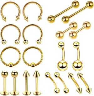 20PCS Body Piercing Kit Lot 16G Belly Button Ring 14G Labret Tongue Stud Steel Cartilage Tragus Earring Studs Lip Monroe Ring Mixing Body Jewelry