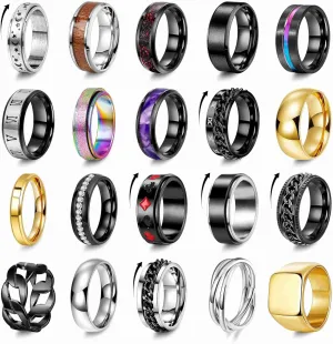 20PCS Stainless Steel Band Rings for Men Women Stress Anxiety Relief Spinner Rings Black Cool Fidget Chain Ring Gold Square Wedding Promise Ring Size 7-13