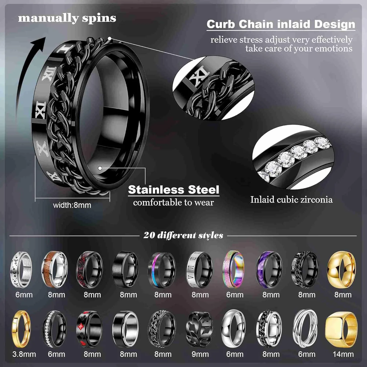 20PCS Stainless Steel Band Rings for Men Women Stress Anxiety Relief Spinner Rings Black Cool Fidget Chain Ring Gold Square Wedding Promise Ring Size 7-13