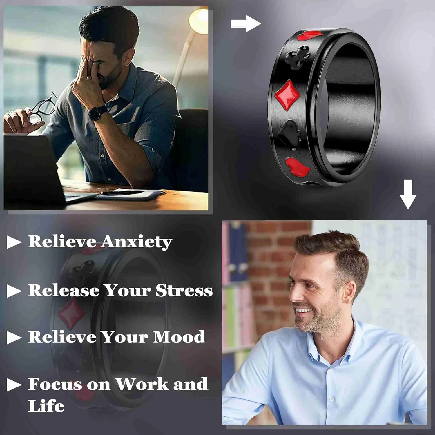 20PCS Stainless Steel Band Rings for Men Women Stress Anxiety Relief Spinner Rings Black Cool Fidget Chain Ring Gold Square Wedding Promise Ring Size 7-13
