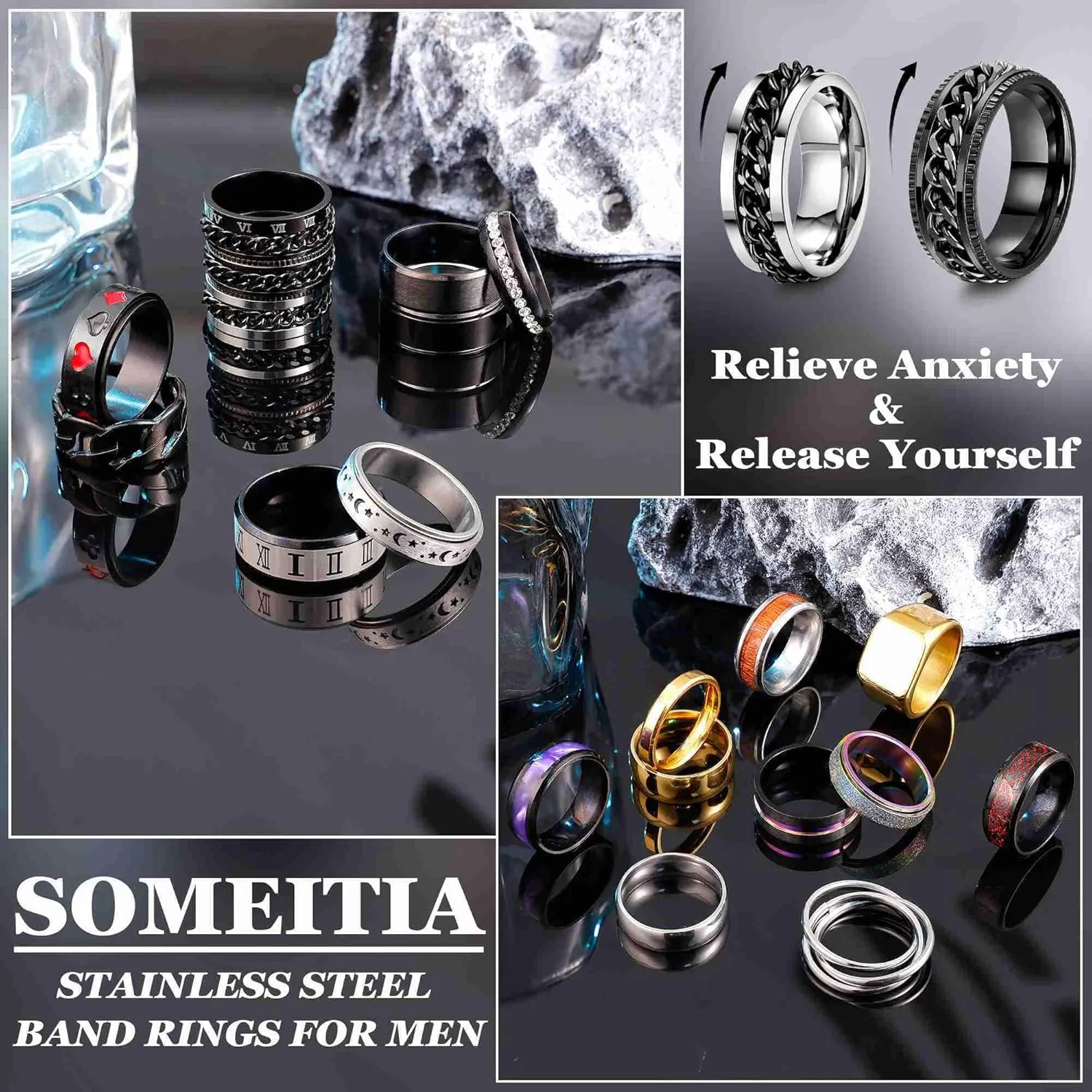 20PCS Stainless Steel Band Rings for Men Women Stress Anxiety Relief Spinner Rings Black Cool Fidget Chain Ring Gold Square Wedding Promise Ring Size 7-13