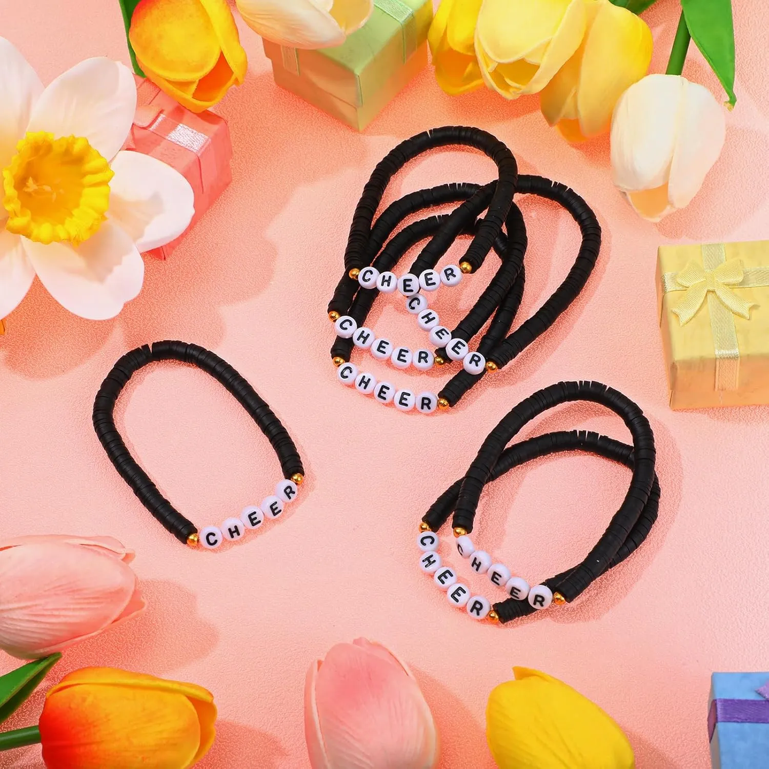 24 Pcs Cheerleader Gifts Stackable Clay Bead Cheer Bracelets Y2k Heishi Surfer Friendship Bracelets for Girls