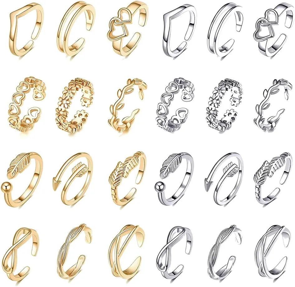 24Pcs Open Toe Rings Set for Women Adjustable Toe Band Knuckle Ring Arrow Knot Star Moon Finger Tail Foot Rings Summer Beach Foot Jewelry