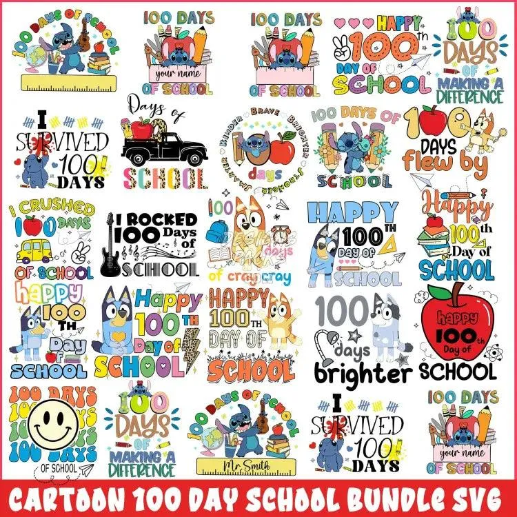 25 cartoon 100 day school Designs Bundle PNG