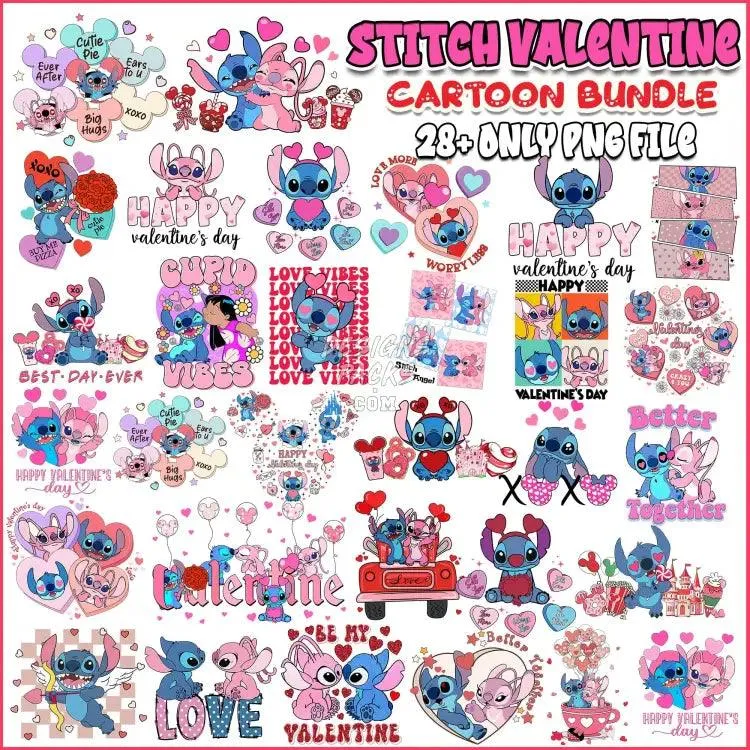 28 Lilo stitch Cartoon valentine Designs Bundle PNG