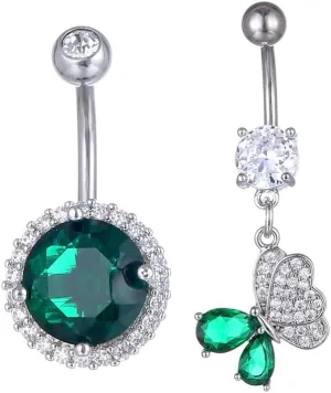 2Pcs 14G Stainless Steel Belly Button Rings Pink Green Cubic Zirconia Belly Navel Rings Round Butterfly Belly Curved Barbell Body Piercing Jewelry for Women