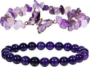 2Pcs Amethyst Bracelet For Women Natural Stone Bracelet Amethyst Beaded Bracelets Butterflys Charms Crystal Bracelets Amethysts Jewelry