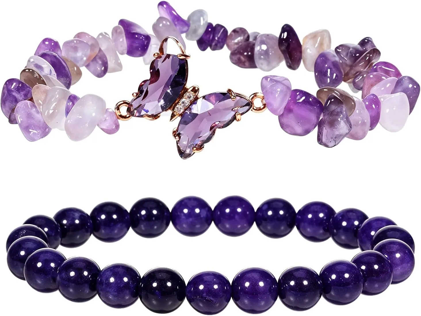 2Pcs Amethyst Bracelet For Women Natural Stone Bracelet Amethyst Beaded Bracelets Butterflys Charms Crystal Bracelets Amethysts Jewelry