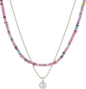 2Pcs Beaded Gemstone Layered Necklace for Women Colorful Boho Bead Choker Necklace Natural Stone Freshwater Pearl Surfer Beach Necklace 14K Gold Plated Summer Handmade Necklaces Jewelry (KS-1)