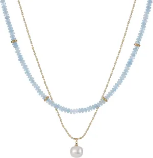 2Pcs Beaded Gemstone Layered Necklace for Women Colorful Boho Bead Choker Necklace Natural Stone Freshwater Pearl Surfer Beach Necklace 14K Gold Plated Summer Handmade Necklaces Jewelry (KS-3)