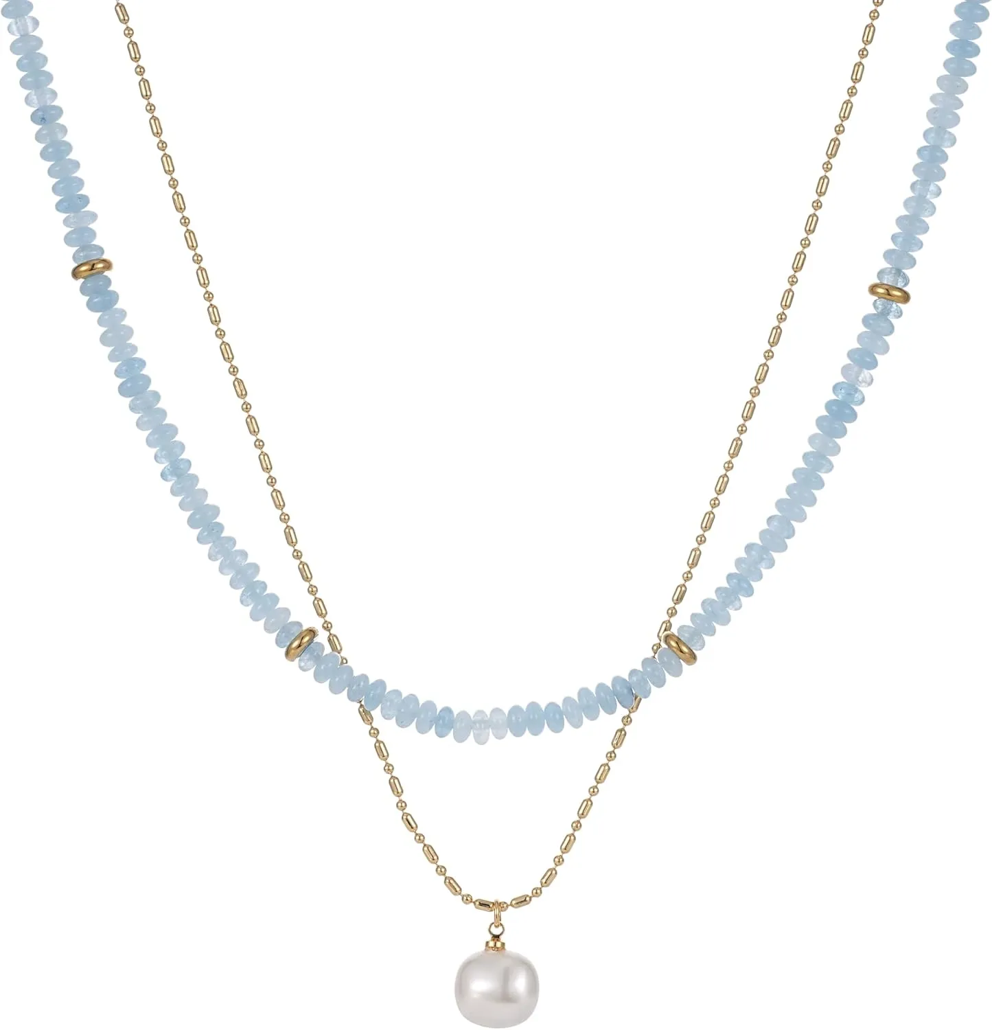 2Pcs Beaded Gemstone Layered Necklace for Women Colorful Boho Bead Choker Necklace Natural Stone Freshwater Pearl Surfer Beach Necklace 14K Gold Plated Summer Handmade Necklaces Jewelry (KS-3)
