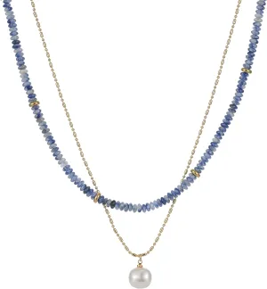 2Pcs Beaded Gemstone Layered Necklace for Women Colorful Boho Bead Choker Necklace Natural Stone Freshwater Pearl Surfer Beach Necklace 14K Gold Plated Summer Handmade Necklaces Jewelry (KS-6)