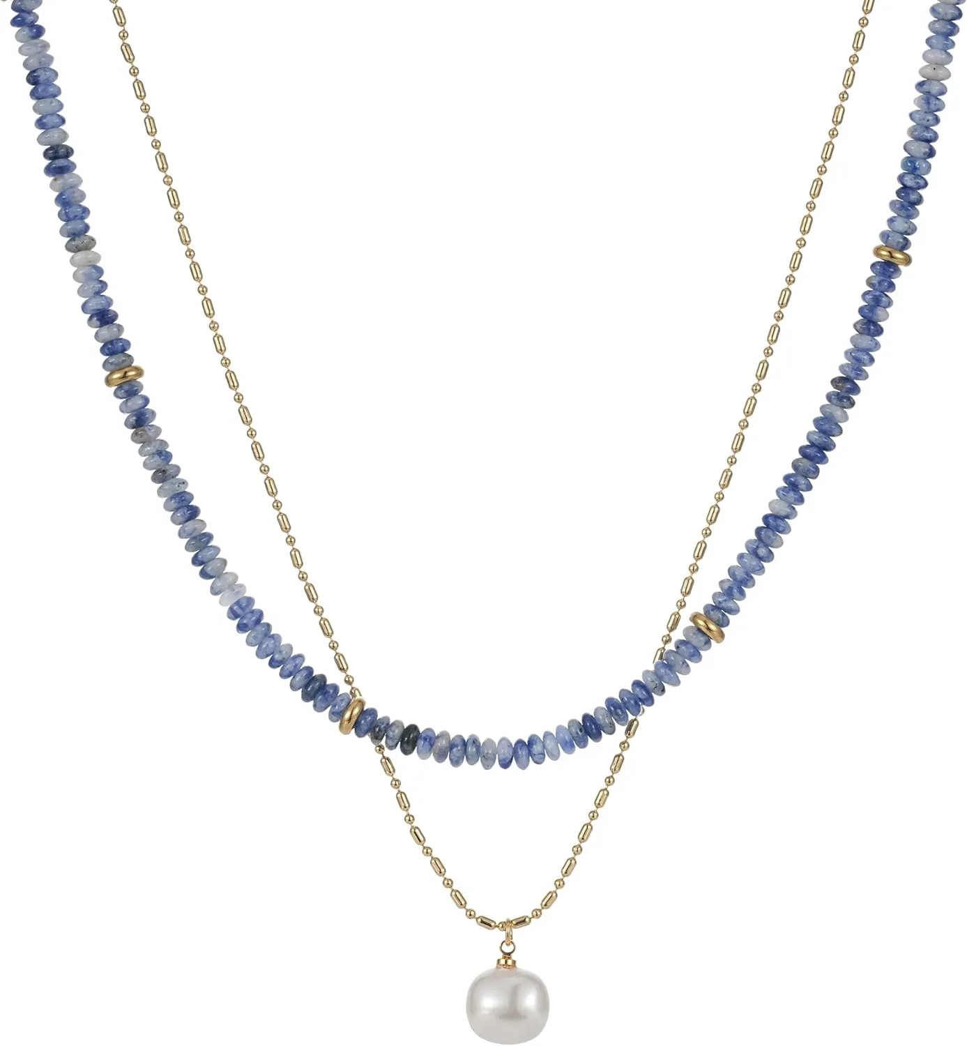 2Pcs Beaded Gemstone Layered Necklace for Women Colorful Boho Bead Choker Necklace Natural Stone Freshwater Pearl Surfer Beach Necklace 14K Gold Plated Summer Handmade Necklaces Jewelry (KS-6)