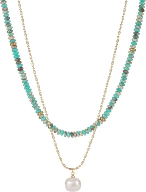 2Pcs Beaded Gemstone Layered Necklace for Women Colorful Boho Bead Choker Necklace Natural Stone Freshwater Pearl Surfer Beach Necklace 14K Gold Plated Summer Handmade Necklaces Jewelry