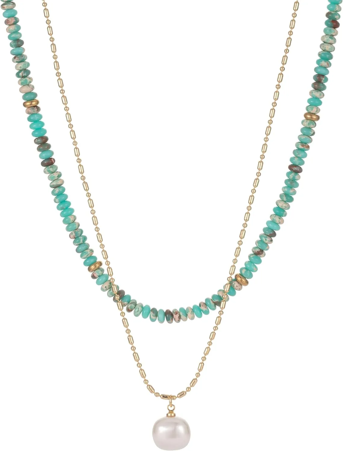 2Pcs Beaded Gemstone Layered Necklace for Women Colorful Boho Bead Choker Necklace Natural Stone Freshwater Pearl Surfer Beach Necklace 14K Gold Plated Summer Handmade Necklaces Jewelry