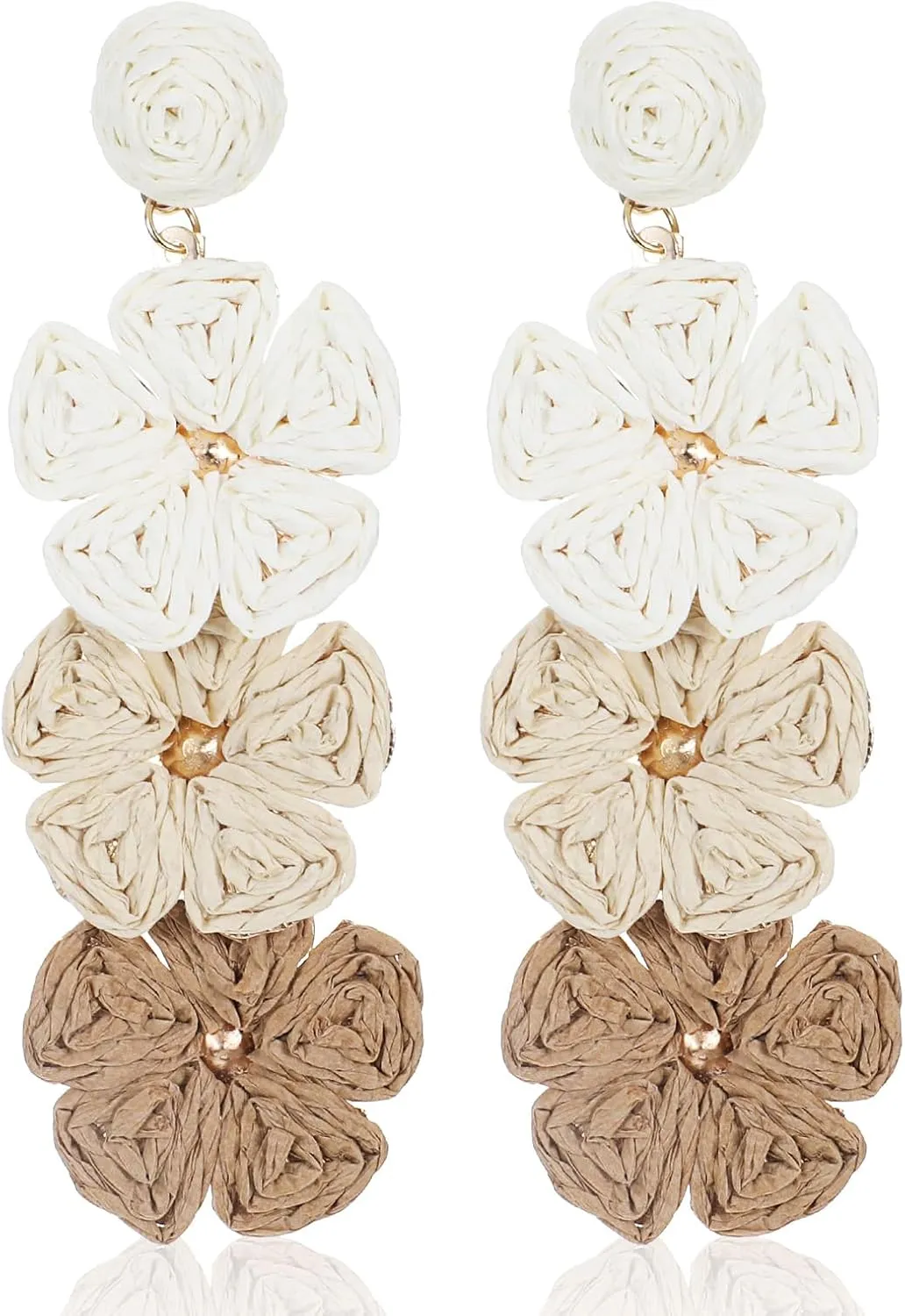 2pcs Boho Raffia Flower Earrings, Floral Boho Statement Dangle Spring Earring, Trendy Cute Rattan Earrings for Women, Lightweight Straw Statement, Summer Tropical Beach Jewelry