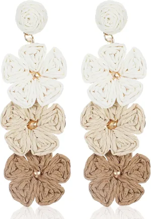 2pcs Boho Raffia Flower Earrings, Floral Boho Statement Dangle Spring Earring, Trendy Cute Rattan Earrings for Women, Lightweight Straw Statement, Summer Tropical Beach Jewelry