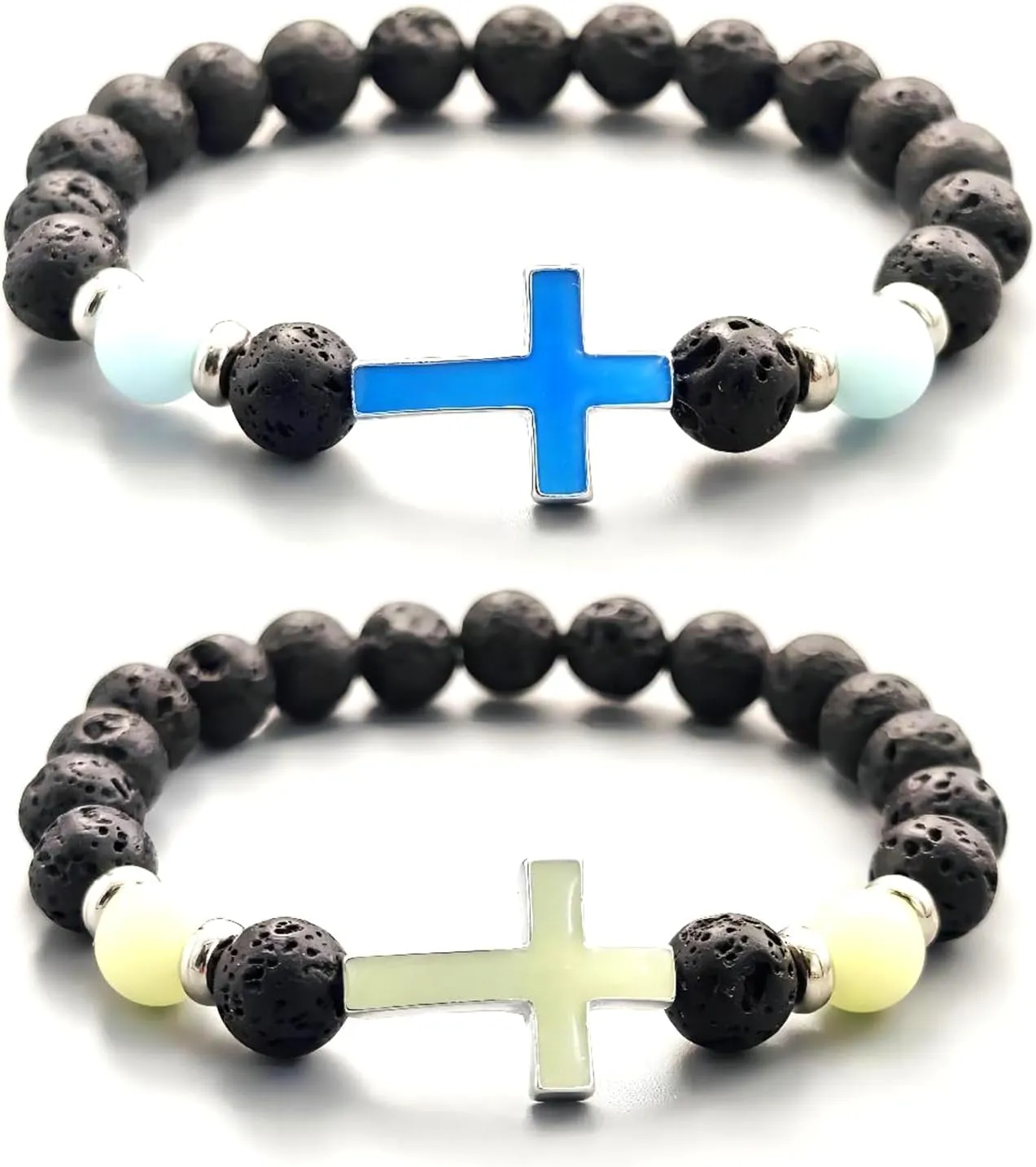 2Pcs Cross luminous Matching Bracelets for Women Men Bracelets Birthday Gifts for Couples Friendship Stretch Beaded Adjustable Bracelet