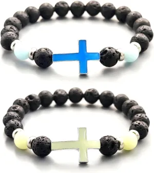2Pcs Cross luminous Matching Bracelets for Women Men Bracelets Birthday Gifts for Couples Friendship Stretch Beaded Adjustable Bracelet