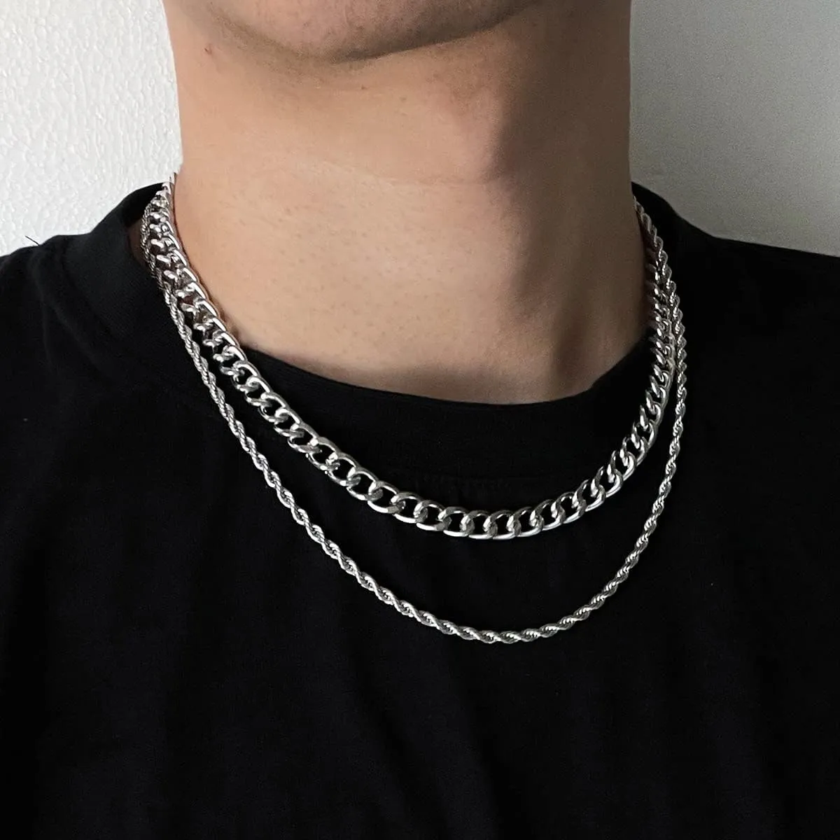 2Pcs Layered Hiphop Men's Necklaces Stainless Steel Cuban Rope Chains Jewelry