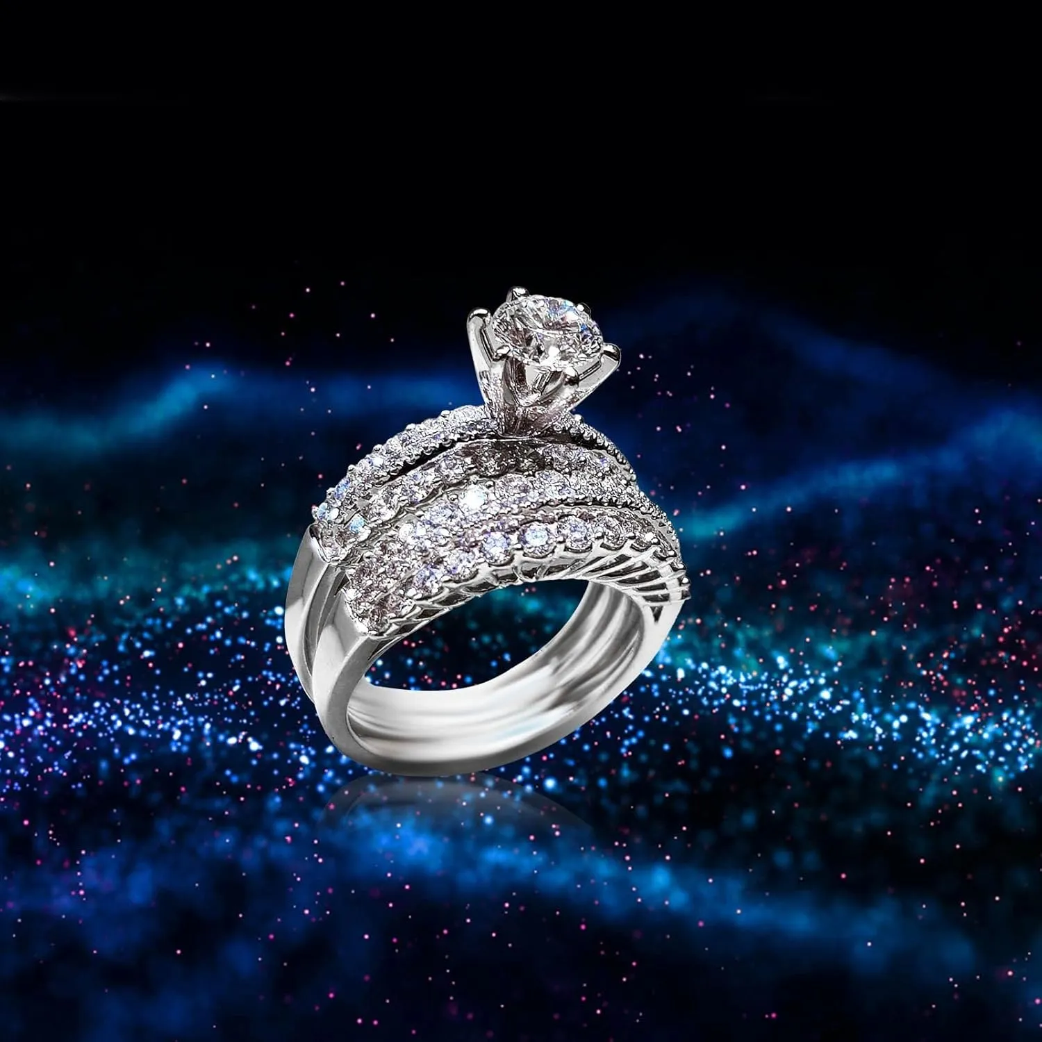 2Pcs Luxury Diamond Couple Rings, Exquisite Stackable Ring Wedding Ring Classic Women's Sparkly Zircon Set Rings Gift