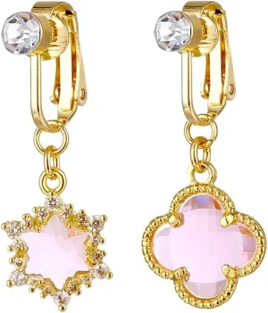 2Pcs Non-Piercing Pink Crystal Four Leaf Clover Star Dangle Fake Belly Button Rings for Women 18K Gold Plated Stainless Steel Clip On Belly Navel Rings Fake Belly Jewelry