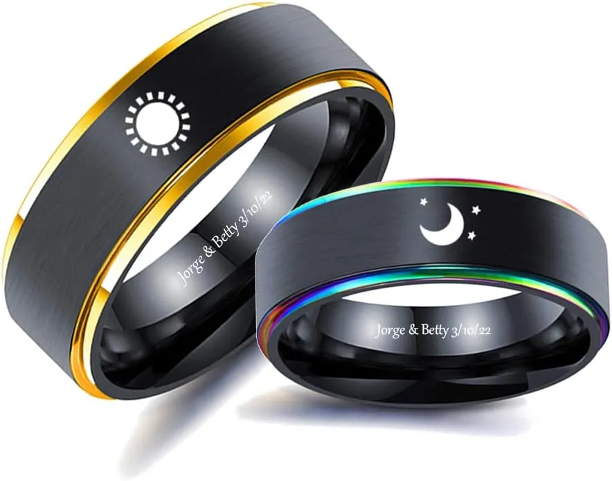 2pcs Personalized Sun and Moon Stars Couple Rings Set Custom Matching Promise Rings for Couples Stainless Steel Wedding Rings for Couples Black Matching BFF Rings Sun and Moon Christmas Gift Valentine's Day Jewelry