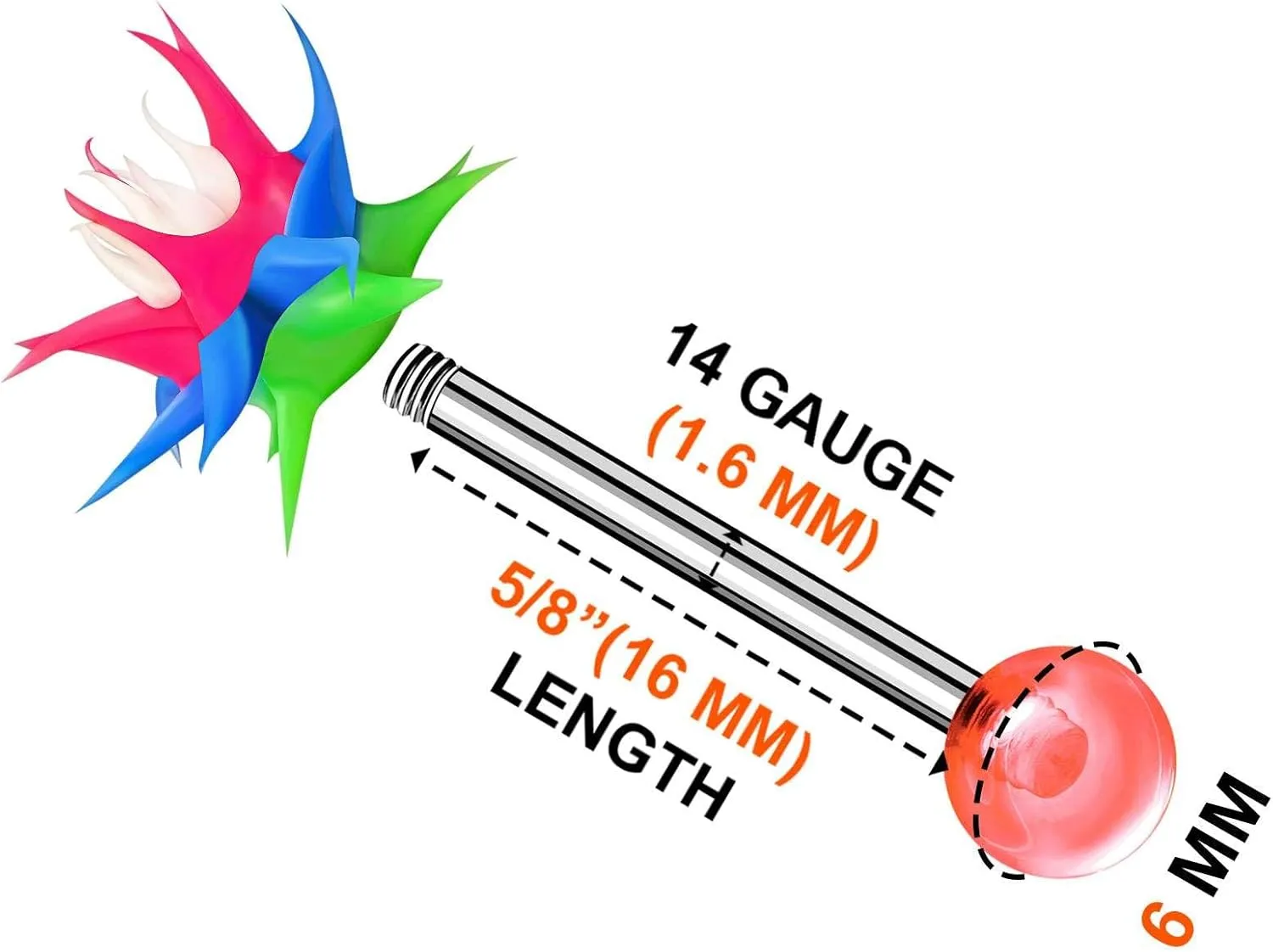 2PCS Surgical Steel tongue piercing jewelry 14 Gauge 5/8 16mm Koosh Ball Earrings Piercing Jewelry Pick Color