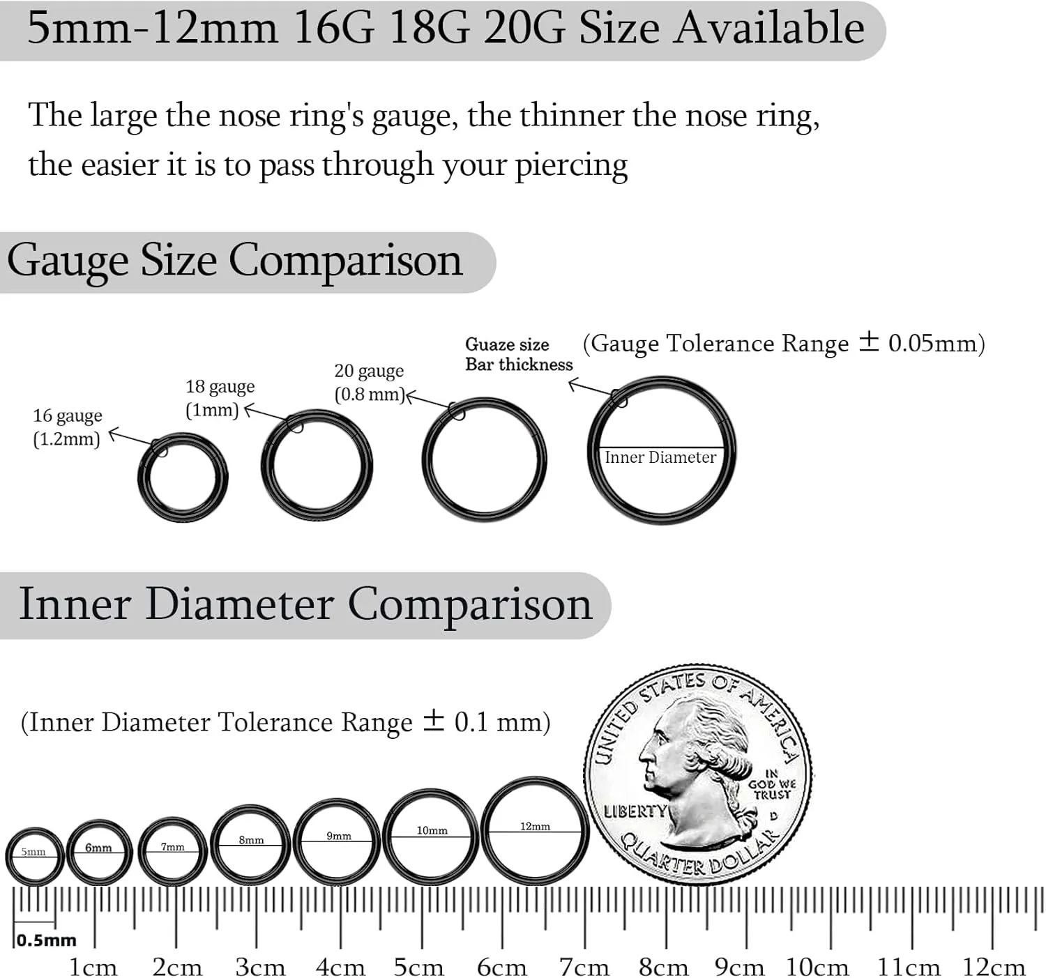 2Pcs Titanium Nose Rings 20G 18G 16G Nose Rings Hoops Septum Clicker Hinged Segment Ring Cartilage Helix Tragus Conch Daith Rook Nostril Hoop Piercing Earring, Diameter 5mm to 12mm Silver-Gold-Rose Gold-Black