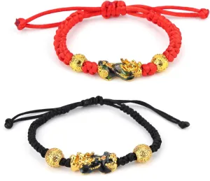 2pcs Wealth Money Bracelet, Red Black Lucky Wealth Bracelet with Chinese Mythical Beasts Attracts Fortune Prosperity Good Luck Jewelry for Men Women