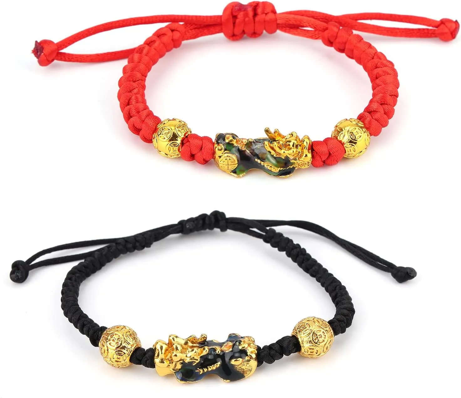 2pcs Wealth Money Bracelet, Red Black Lucky Wealth Bracelet with Chinese Mythical Beasts Attracts Fortune Prosperity Good Luck Jewelry for Men Women