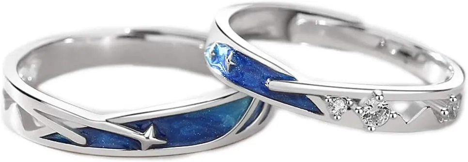 2pieces Lovers Rings Set Adjustable Sea Blue Meteoric Star Couples Rings Band Matching Set for Him and Her Daily Wear Copper