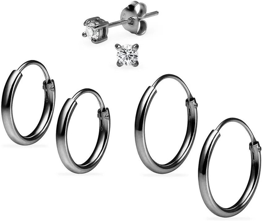 3 Pairs Sterling Silver Earrings Set for Women Girls 10mm 12mm Endless Hoops & 3mm Round CZ Stud Design