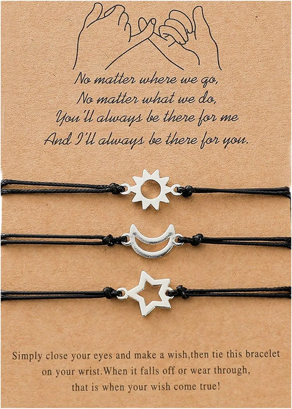 3 PCS Friendship Bracelets for 3 Best Friend Couples with Moon Sun Star Adjustable Handmade Cord Relationship Bracelets