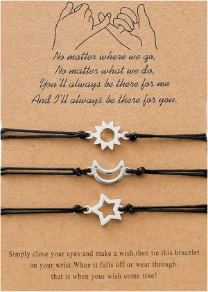 3 PCS Friendship Bracelets for 3 Best Friend Couples with Moon Sun Star Adjustable Handmade Cord Relationship Bracelets