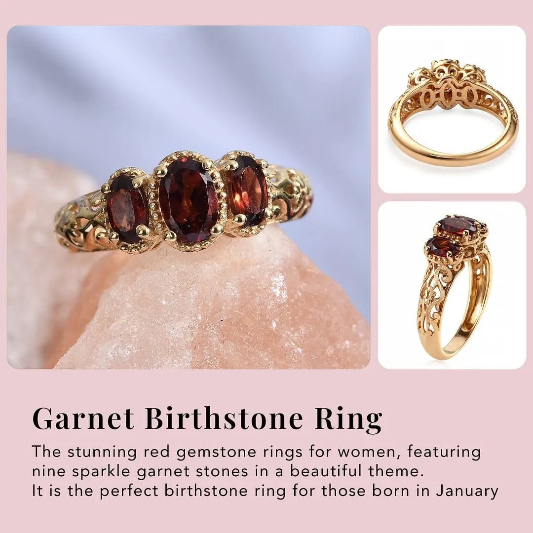 3 Stone Garnet Ring for Women in 14K Gold Plated 925 Sterling Silver - January Birthstone Promise Engagement Vintage Red Garnet Jewelry Birthday Gifts