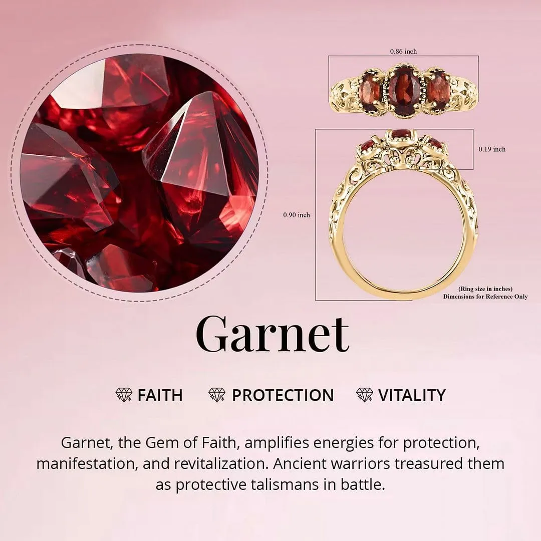 3 Stone Garnet Ring for Women in 14K Gold Plated 925 Sterling Silver - January Birthstone Promise Engagement Vintage Red Garnet Jewelry Birthday Gifts
