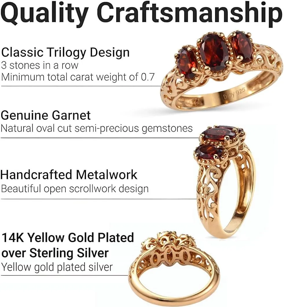3 Stone Garnet Ring for Women in 14K Gold Plated 925 Sterling Silver - January Birthstone Promise Engagement Vintage Red Garnet Jewelry Birthday Gifts