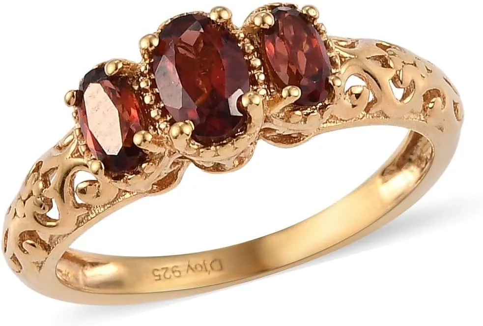 3 Stone Garnet Ring for Women in 14K Gold Plated 925 Sterling Silver - January Birthstone Promise Engagement Vintage Red Garnet Jewelry Birthday Gifts